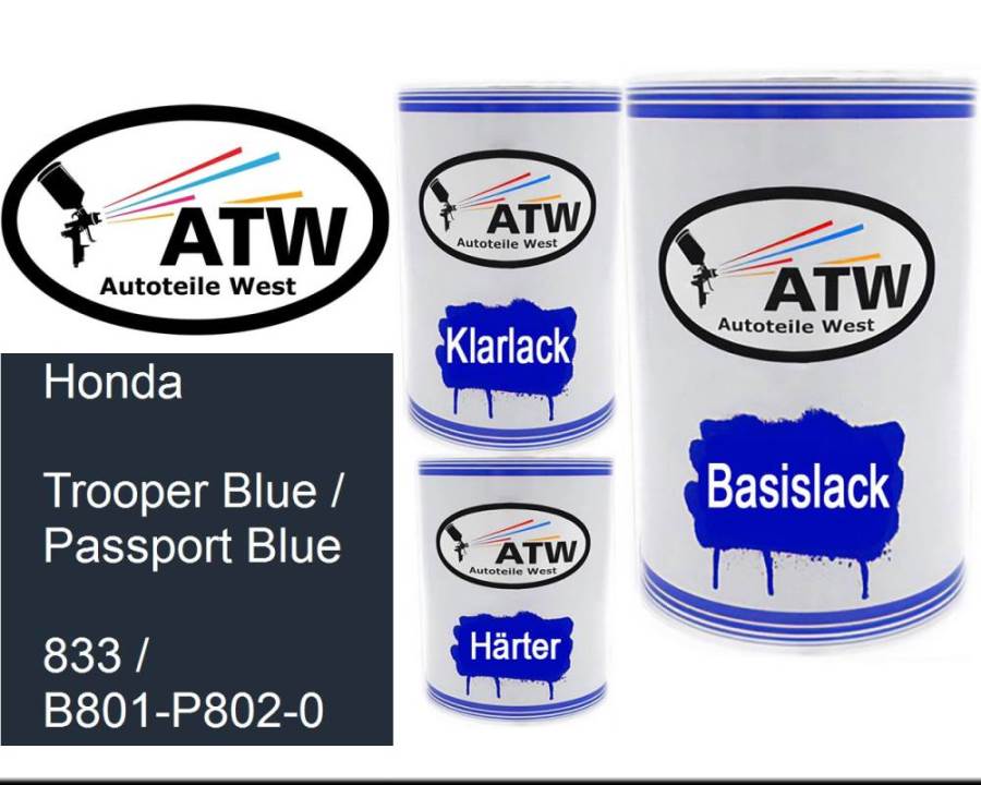 Honda, Trooper Blue / Passport Blue, 833 / B801-P802-0: 500ml Lackdose + 500ml Klarlack + 250ml Härter - Set, von ATW Autoteile West.